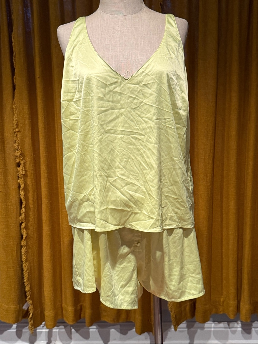 Light Yellow Satin V-Neck Sleep Tank & Shorts Set